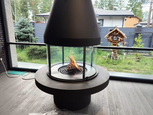 European Style Luxury Furniture High Grade Black Modern Carbon Steel Round Table Glass Art Rotating Fireplace