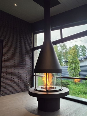 European Style Luxury Furniture High Grade Black Modern Carbon Steel Round Table Glass Art Rotating Fireplace